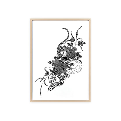 Botanical serpent wall art, in a black and white contrast shading - Framed.