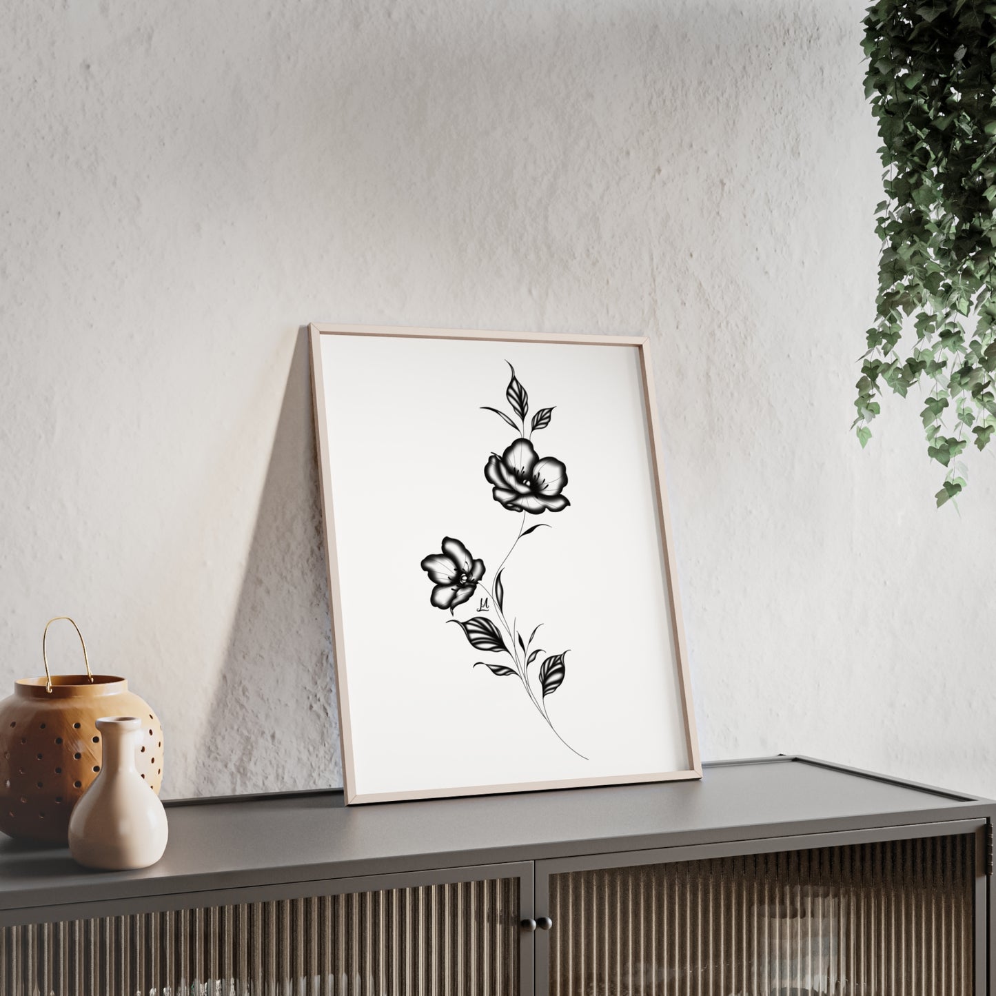 Black and white elegant flower artwork - Framed.
