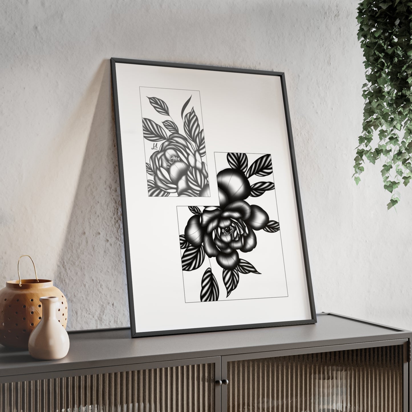 Detailed floral artwork in a black and white setting - Framed.