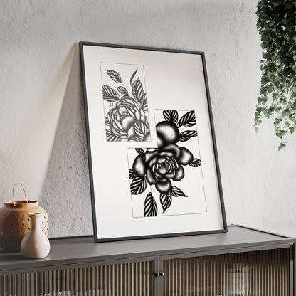 Detailed floral artwork in a black and white setting - Framed.