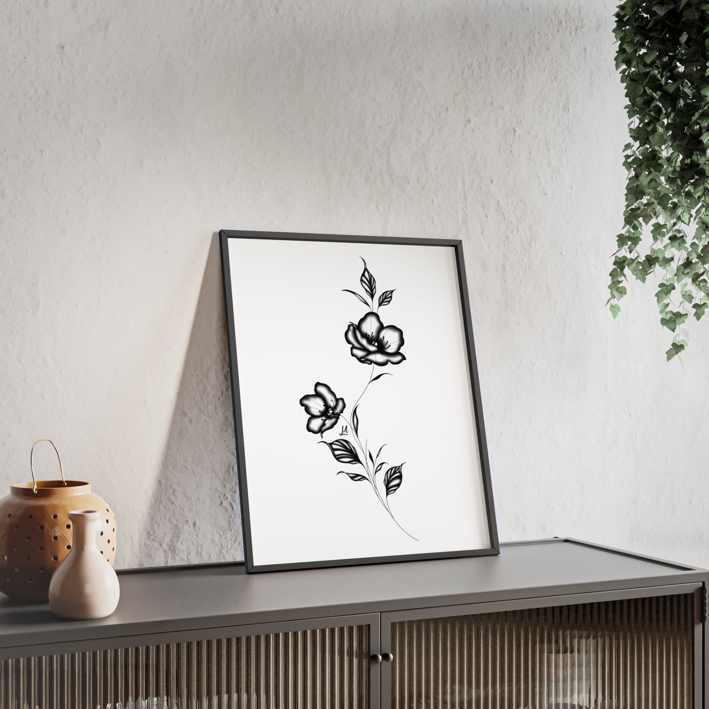 Black and white elegant flower artwork - Framed.
