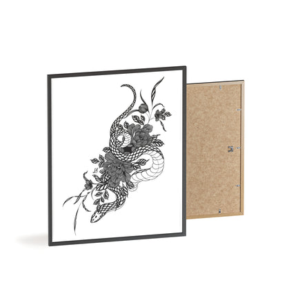 Botanical serpent wall art, in a black and white contrast shading - Framed.