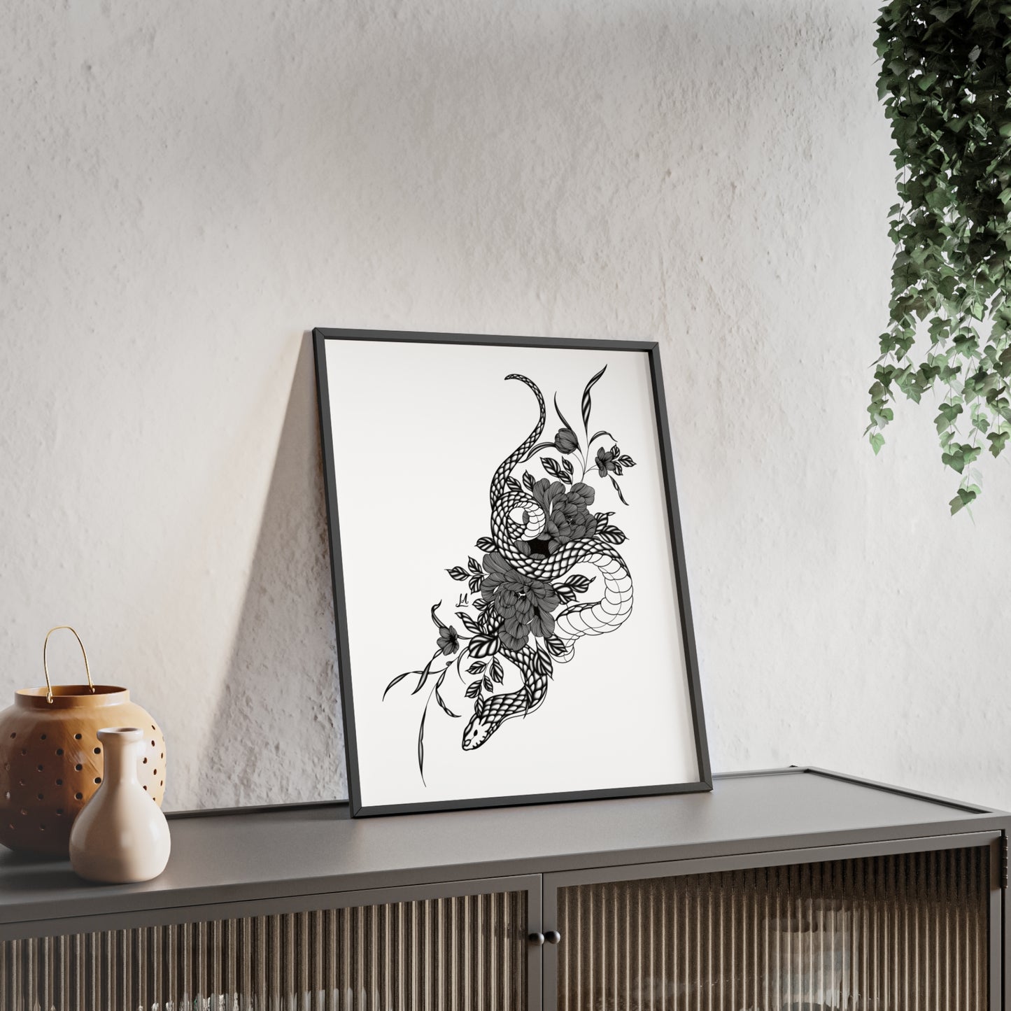 Botanical serpent wall art, in a black and white contrast shading - Framed.