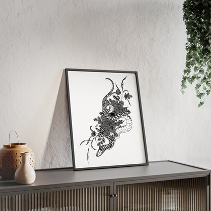 Botanical serpent wall art, in a black and white contrast shading - Framed.
