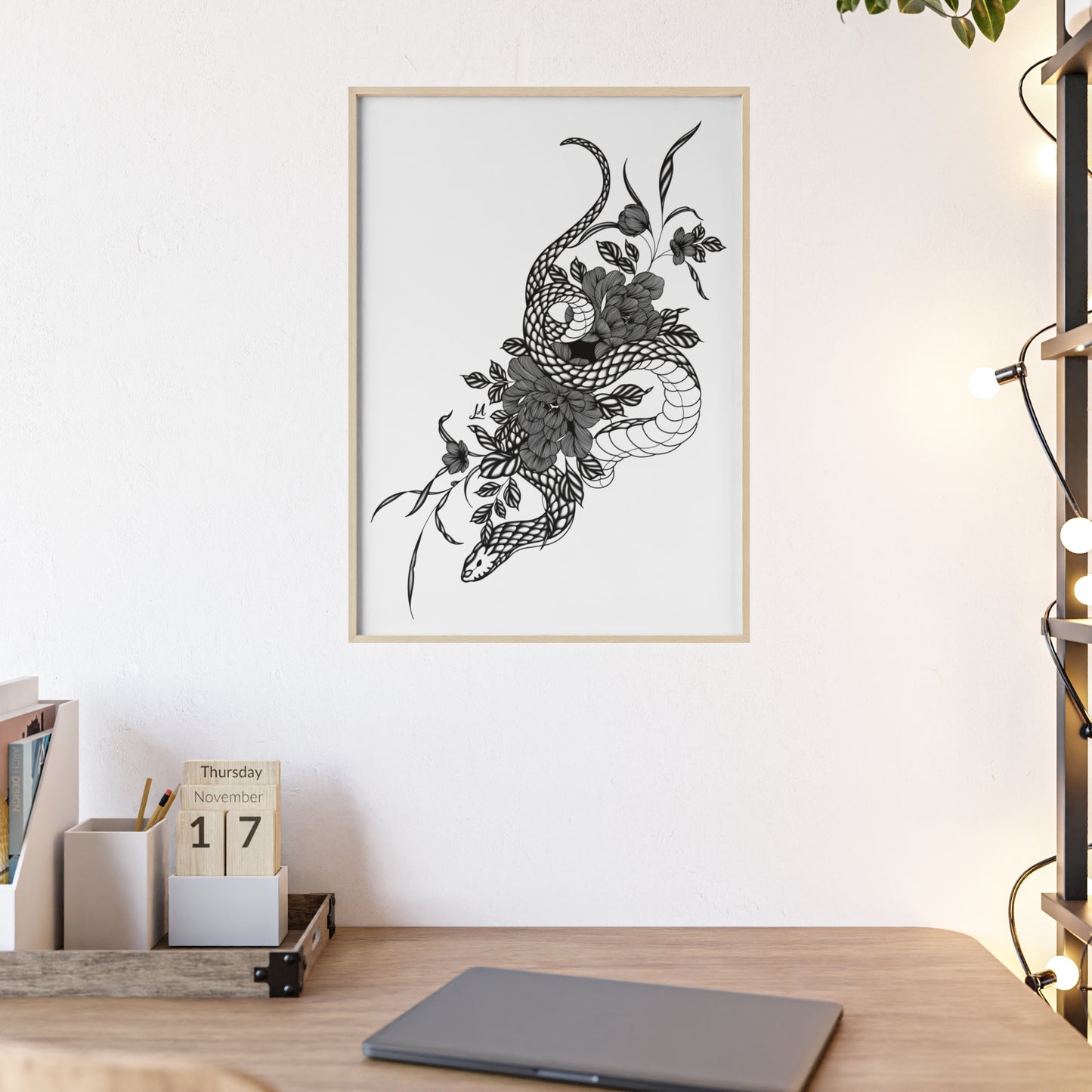 Botanical serpent wall art, in a black and white contrast shading - Framed.