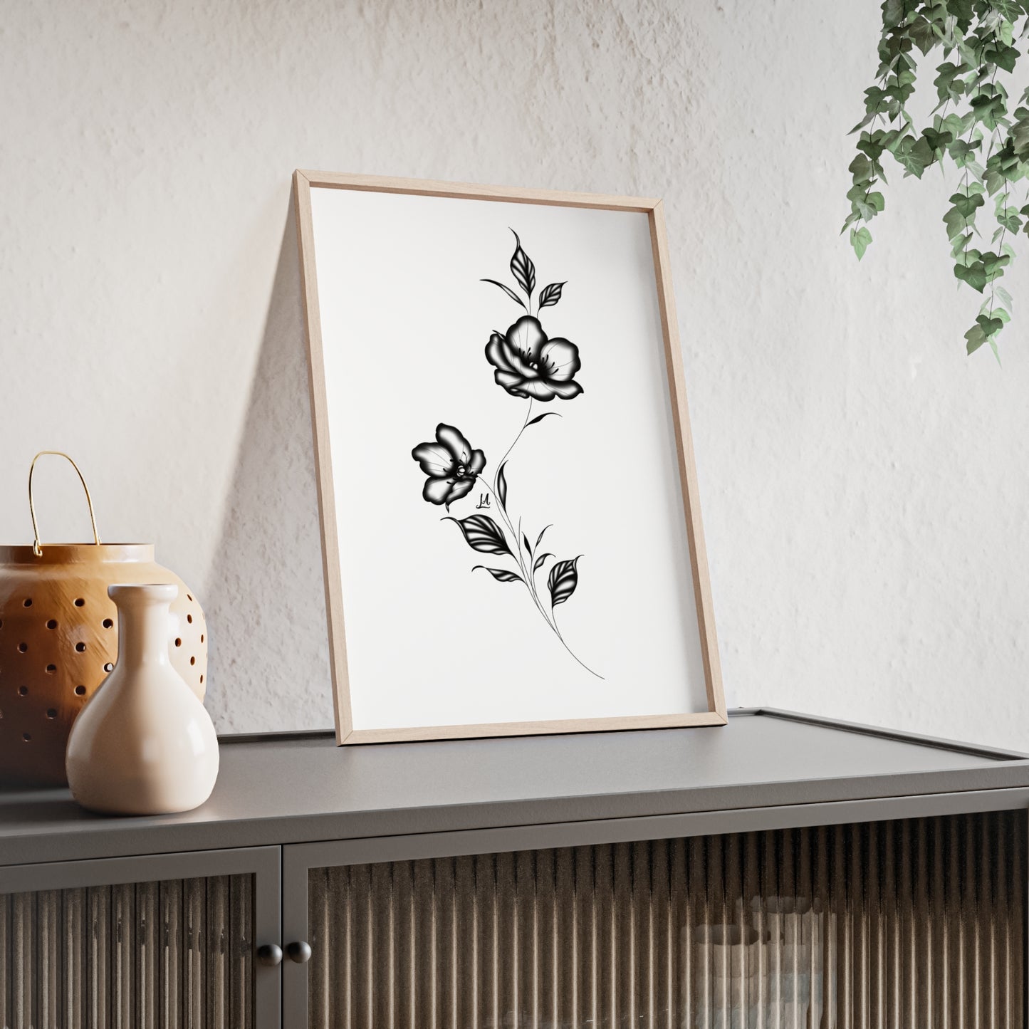 Black and white elegant flower artwork - Framed.