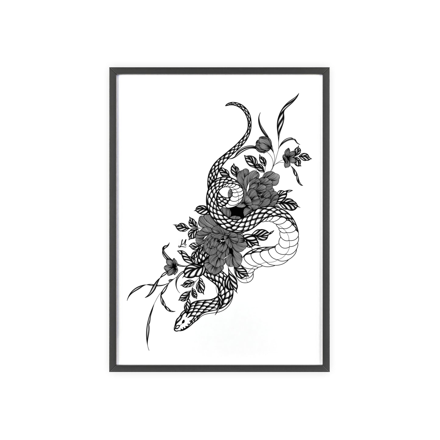 Botanical serpent wall art, in a black and white contrast shading - Framed.