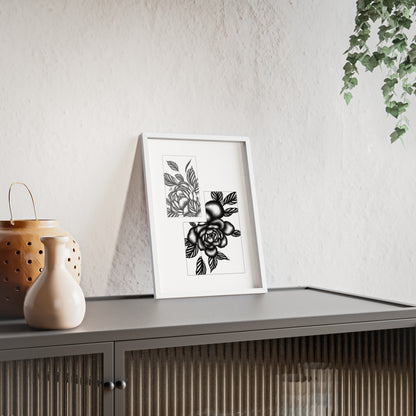 Detailed floral artwork in a black and white setting - Framed.