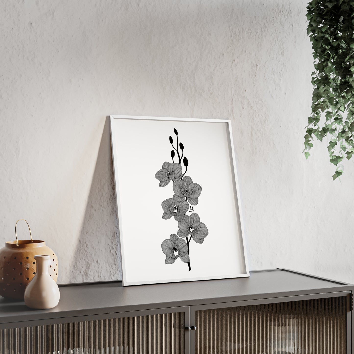 Elegant orchid line artwork - Framed.