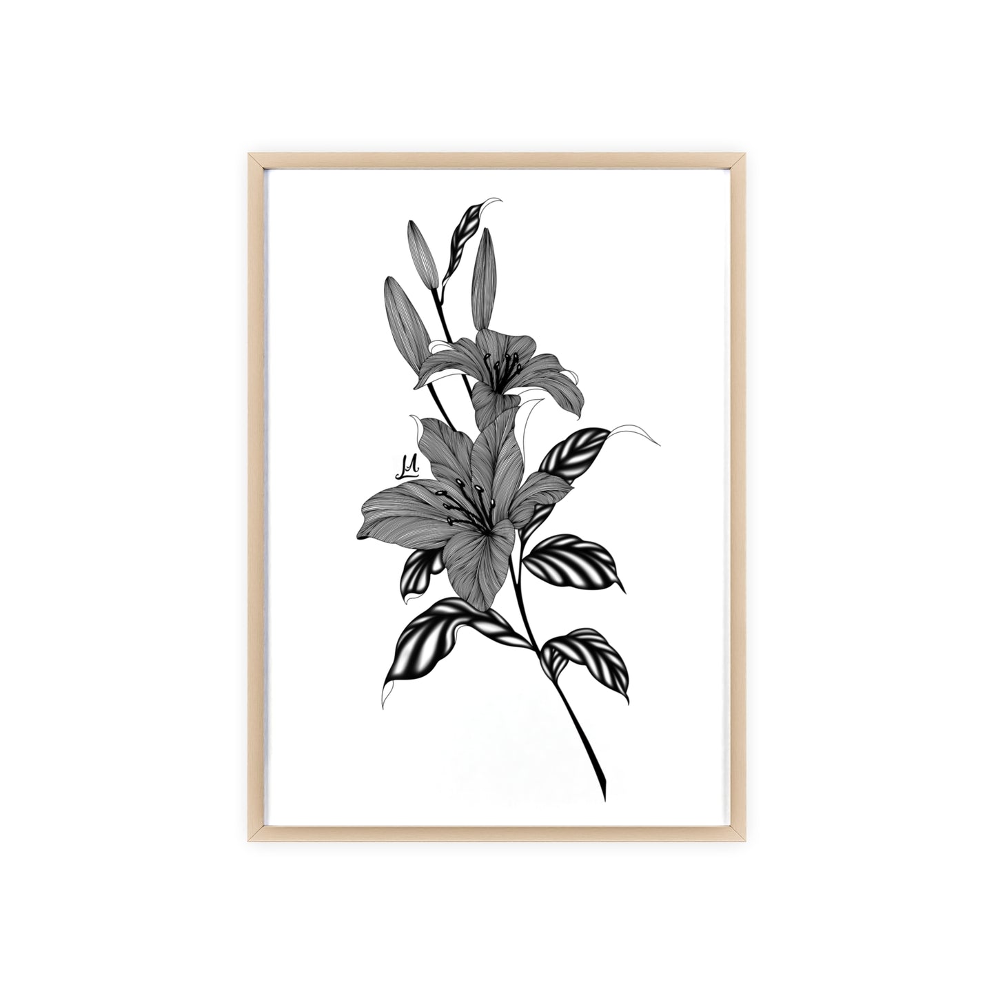 Elegant Floral Wall Art, Black and White Lily artwork - Framed.