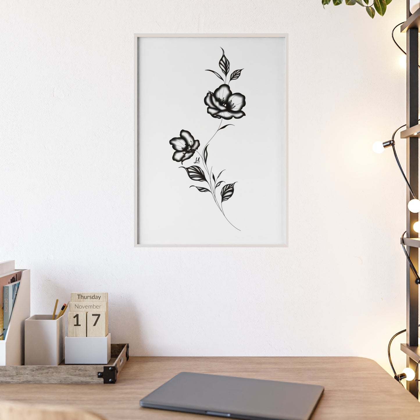 Black and white elegant flower artwork - Framed.