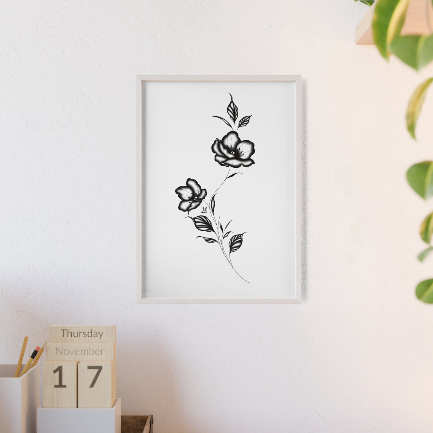 Black and white elegant flower artwork - Framed.