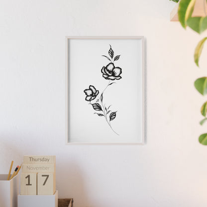 Black and white elegant flower artwork - Framed.