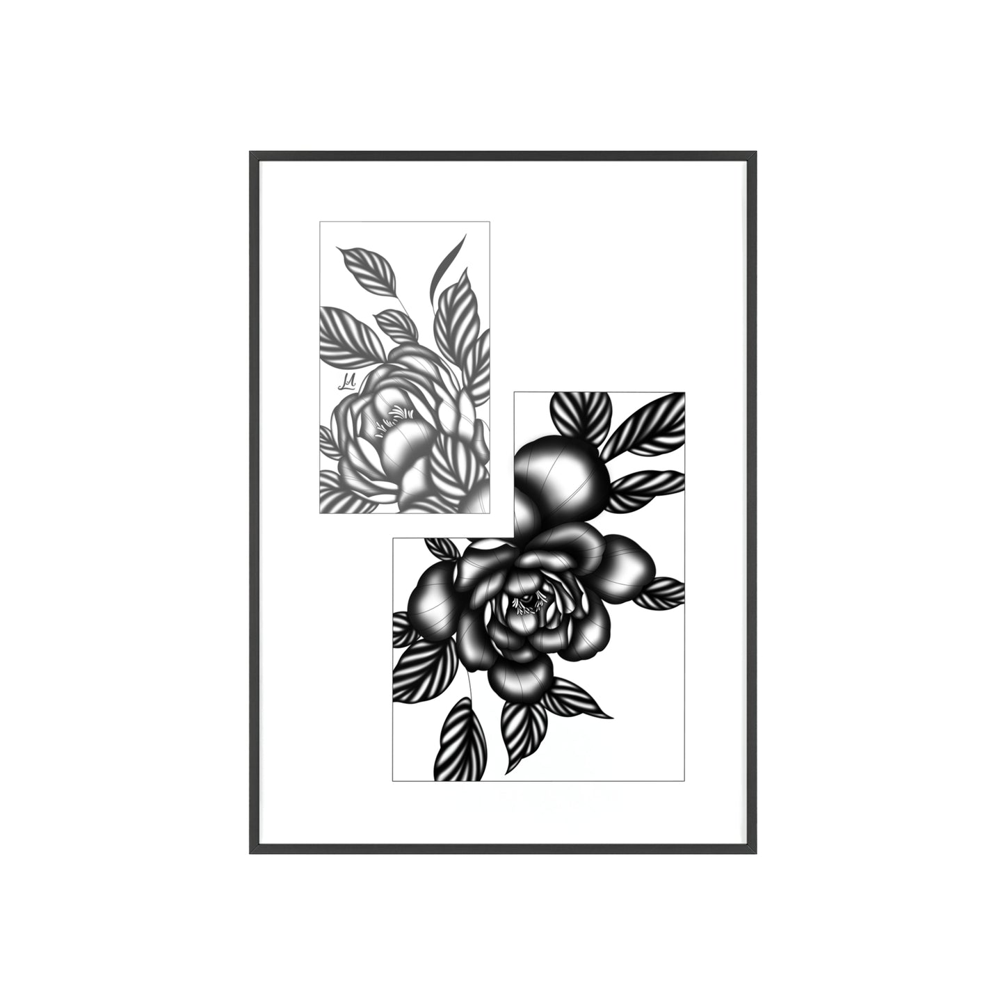Detailed floral artwork in a black and white setting - Framed.