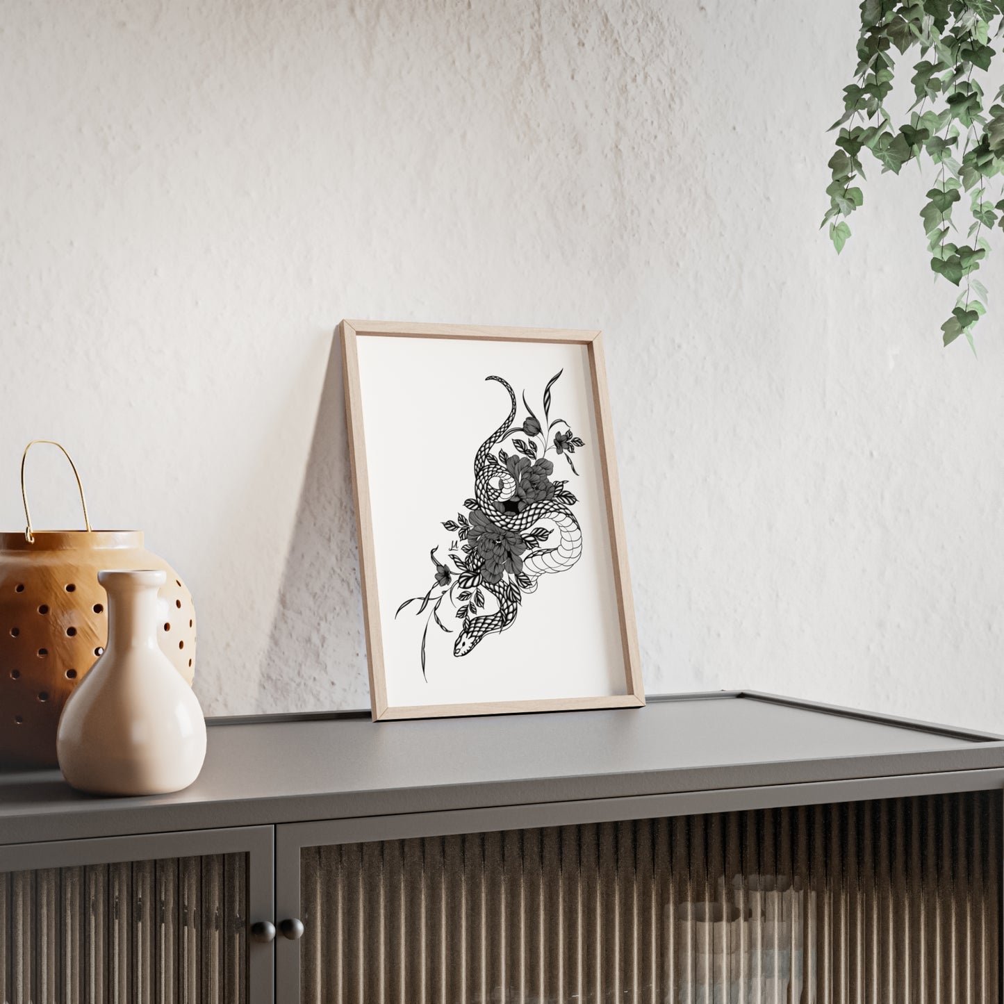 Botanical serpent wall art, in a black and white contrast shading - Framed.
