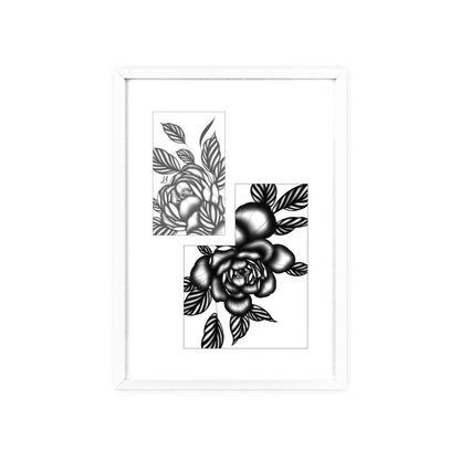 Detailed floral artwork in a black and white setting - Framed.