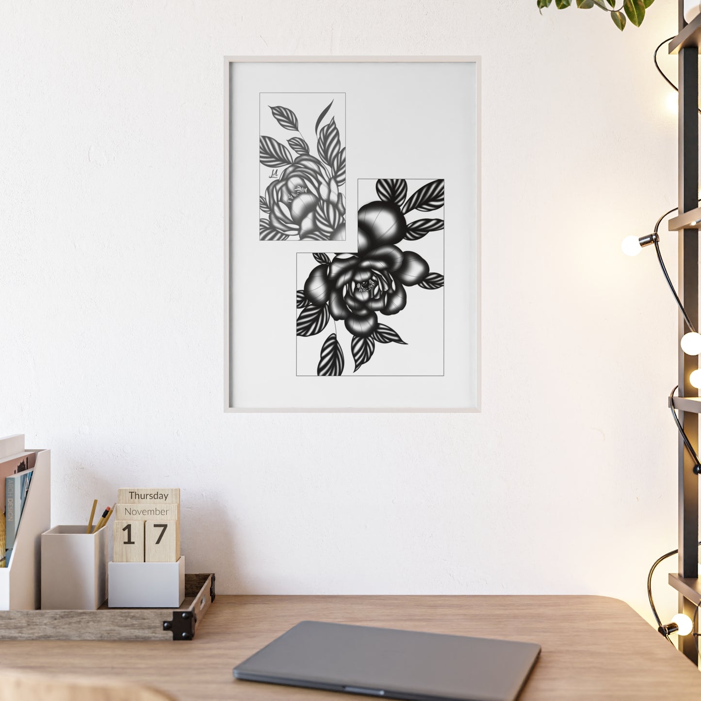 Detailed floral artwork in a black and white setting - Framed.